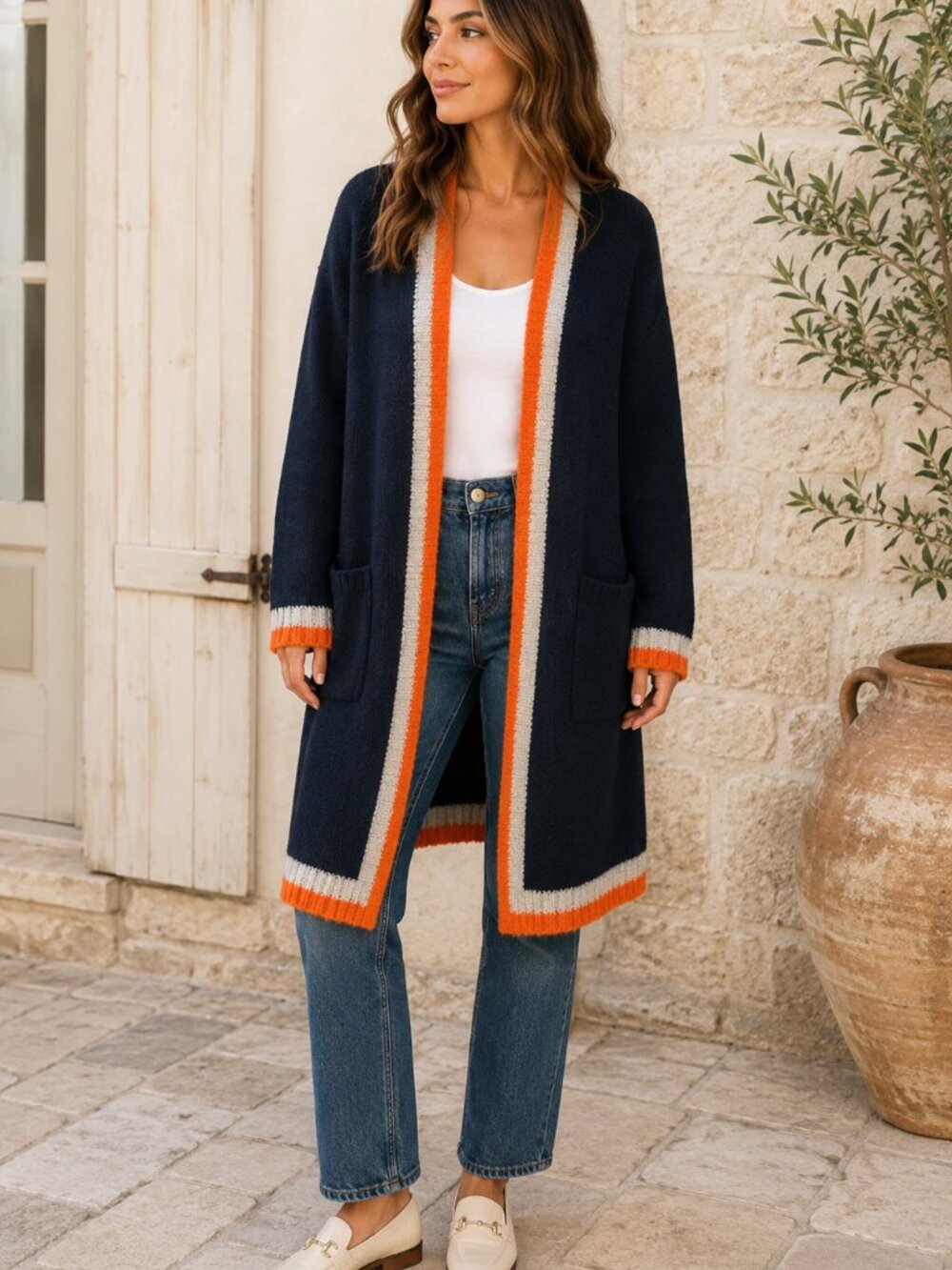 Made in Italy Cardigan Womens S/M Navy Wool Blend Longline Open Front Pockets